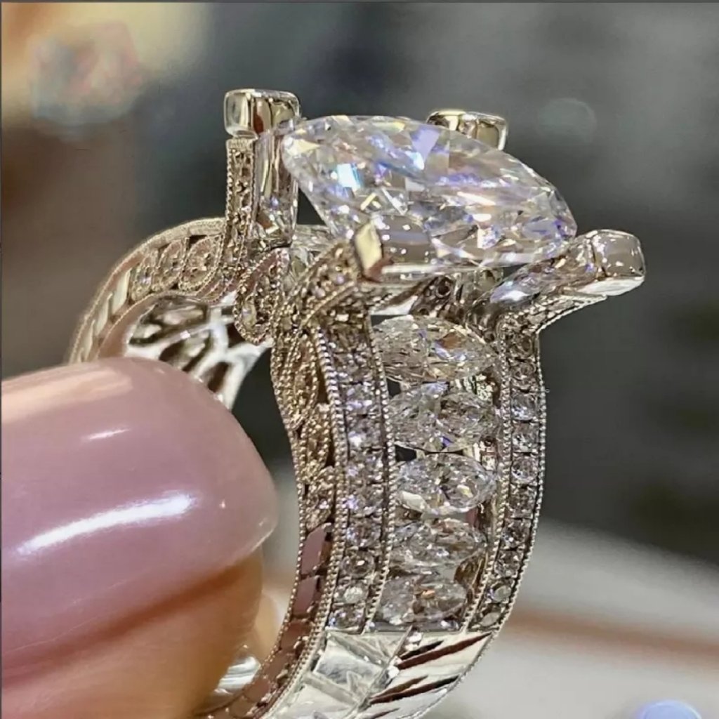 *New 925 Silver Round&Marquis Diamond Band Ring